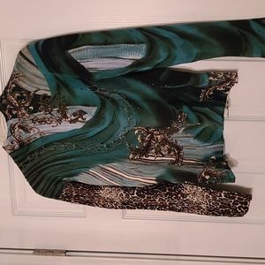 Alberto Makali turquoise animal print sweater with lots of details